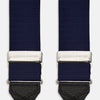 View 2 of product Turnbull & Asser Navy Silk Braces laid flat on a white background, featuring black leather loops, silver hardware, and an adjustable design.