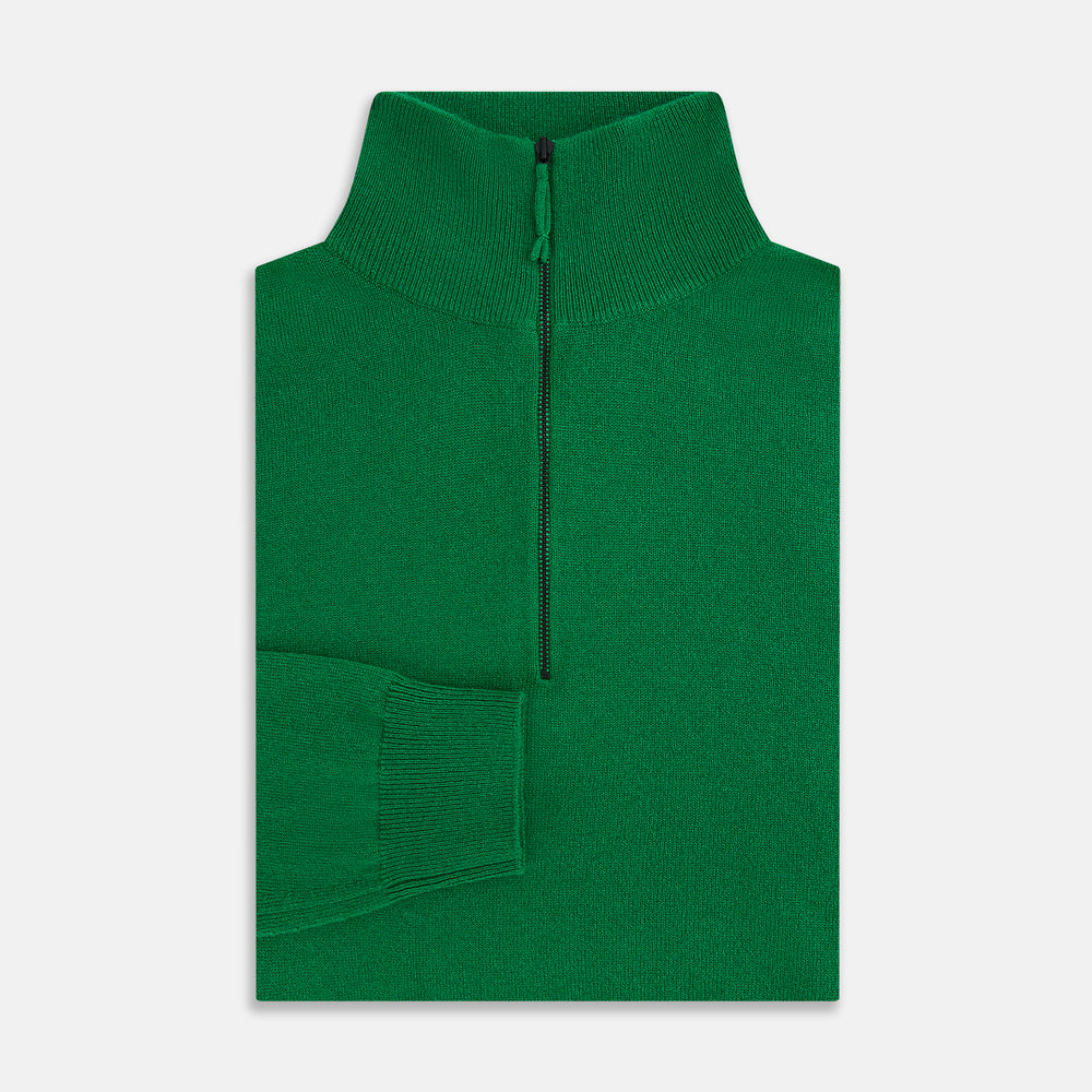 The Grass Green Half-Zip Cashmere Jumper by Turnbull & Asser is a long-sleeve knitwear pullover with a high collar and front half-zip closure, shown against a plain white background.