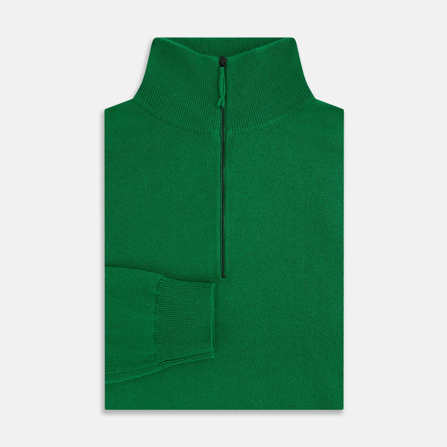 View 4 of product The Grass Green Half-Zip Cashmere Jumper by Turnbull & Asser is a long-sleeve knitwear pullover with a high collar and front half-zip closure, shown against a plain white background.