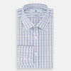 View 5 of product The Turnbull & Asser Blue and Navy Multi Check Mayfair Shirt features a classic T&A collar and long sleeves, with a blue multi-check pattern on white, neatly displayed against a plain white background.