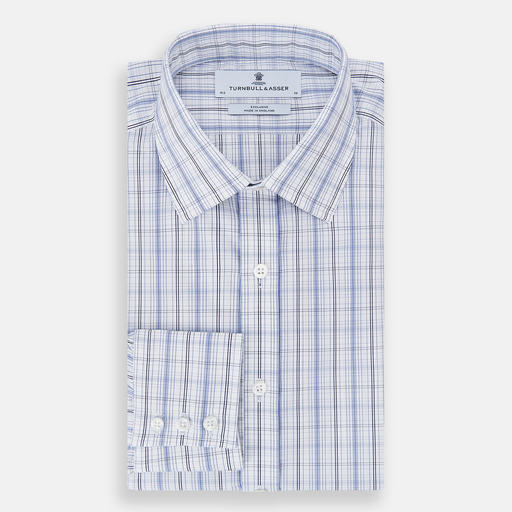 The Turnbull & Asser Blue and Navy Multi Check Mayfair Shirt features a classic T&A collar and long sleeves, with a blue multi-check pattern on white, neatly displayed against a plain white background.