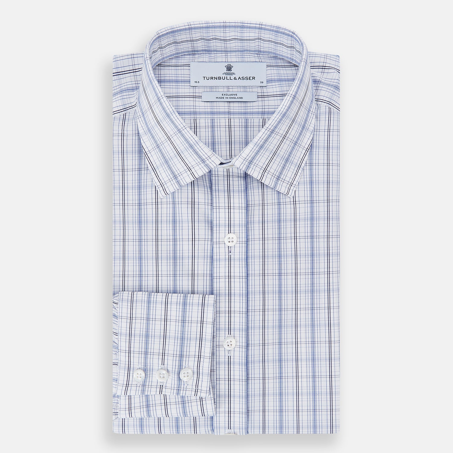 View 5 of product The Turnbull & Asser Blue and Navy Multi Check Mayfair Shirt features a classic T&A collar and long sleeves, with a blue multi-check pattern on white, neatly displayed against a plain white background.