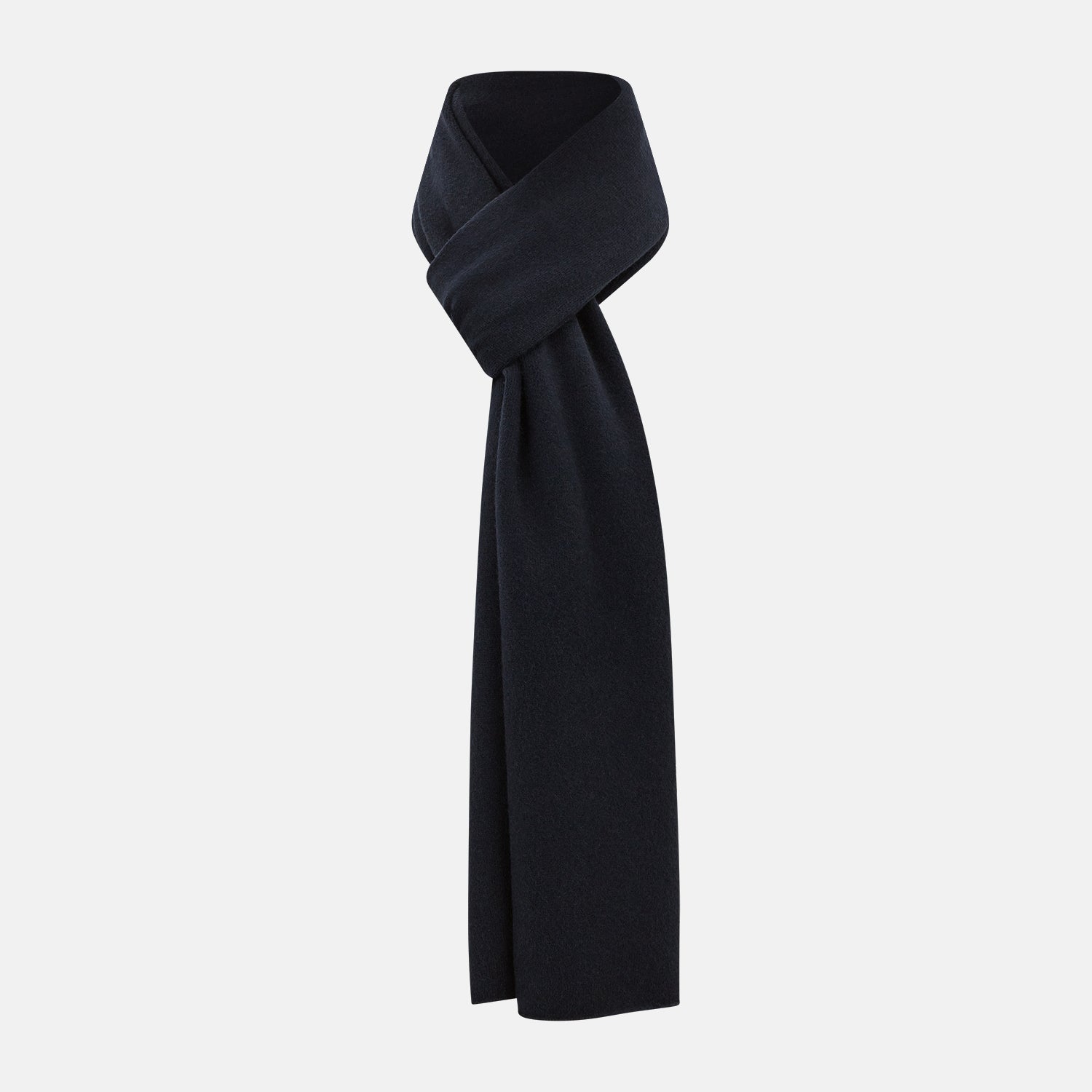 View 1 of product The Turnbull & Asser Plain Navy Cashmere Knitted Scarf is shown looped against a white background, highlighting its soft texture and elegant drape.