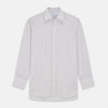 View 1 of product The Turnbull & Asser Sandstone Multi Stripe Cotton Regular Fit Mayfair Shirt, featuring long sleeves, button-up front, chest pocket, and classic collar with subtle white and light gray vertical pinstripes, is laid flat on a white background.