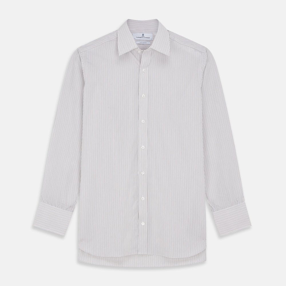 The Turnbull & Asser Sandstone Multi Stripe Cotton Regular Fit Mayfair Shirt, featuring long sleeves, button-up front, chest pocket, and classic collar with subtle white and light gray vertical pinstripes, is laid flat on a white background.