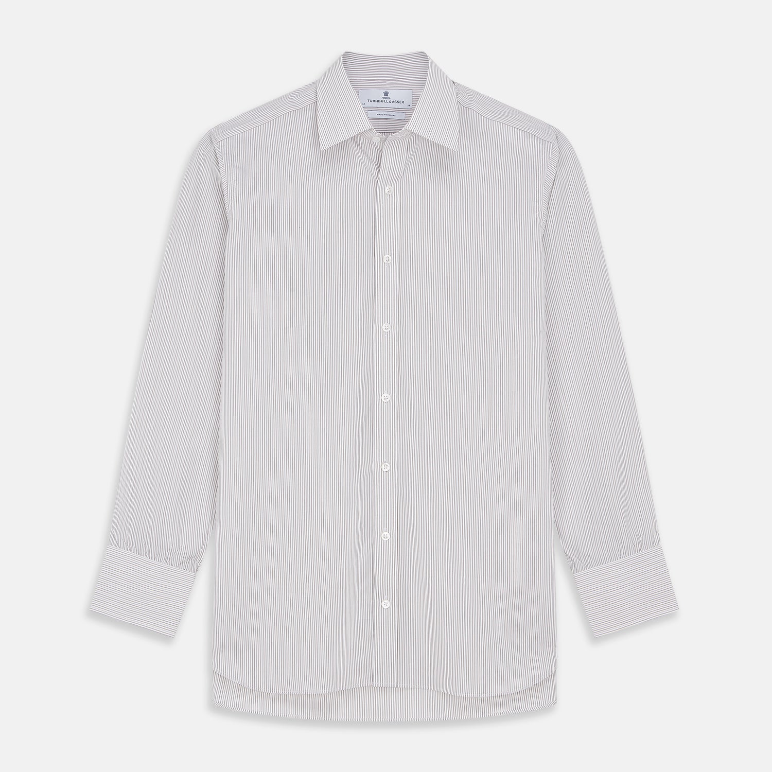 View 1 of product The Turnbull & Asser Sandstone Multi Stripe Cotton Regular Fit Mayfair Shirt, featuring long sleeves, button-up front, chest pocket, and classic collar with subtle white and light gray vertical pinstripes, is laid flat on a white background.