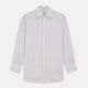 The Turnbull & Asser Sandstone Multi Stripe Cotton Regular Fit Mayfair Shirt, featuring long sleeves, button-up front, chest pocket, and classic collar with subtle white and light gray vertical pinstripes, is laid flat on a white background.