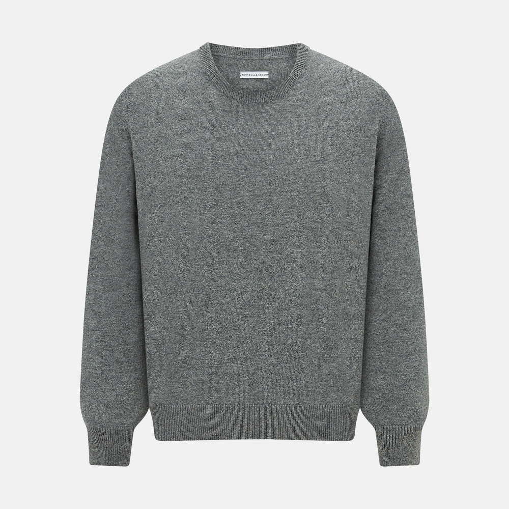 The Turnbull & Asser Grey Melange Cashmere Round Neck Jumper for men features a classic crewneck design with ribbed cuffs, hem, and neckline, displayed against a white background.