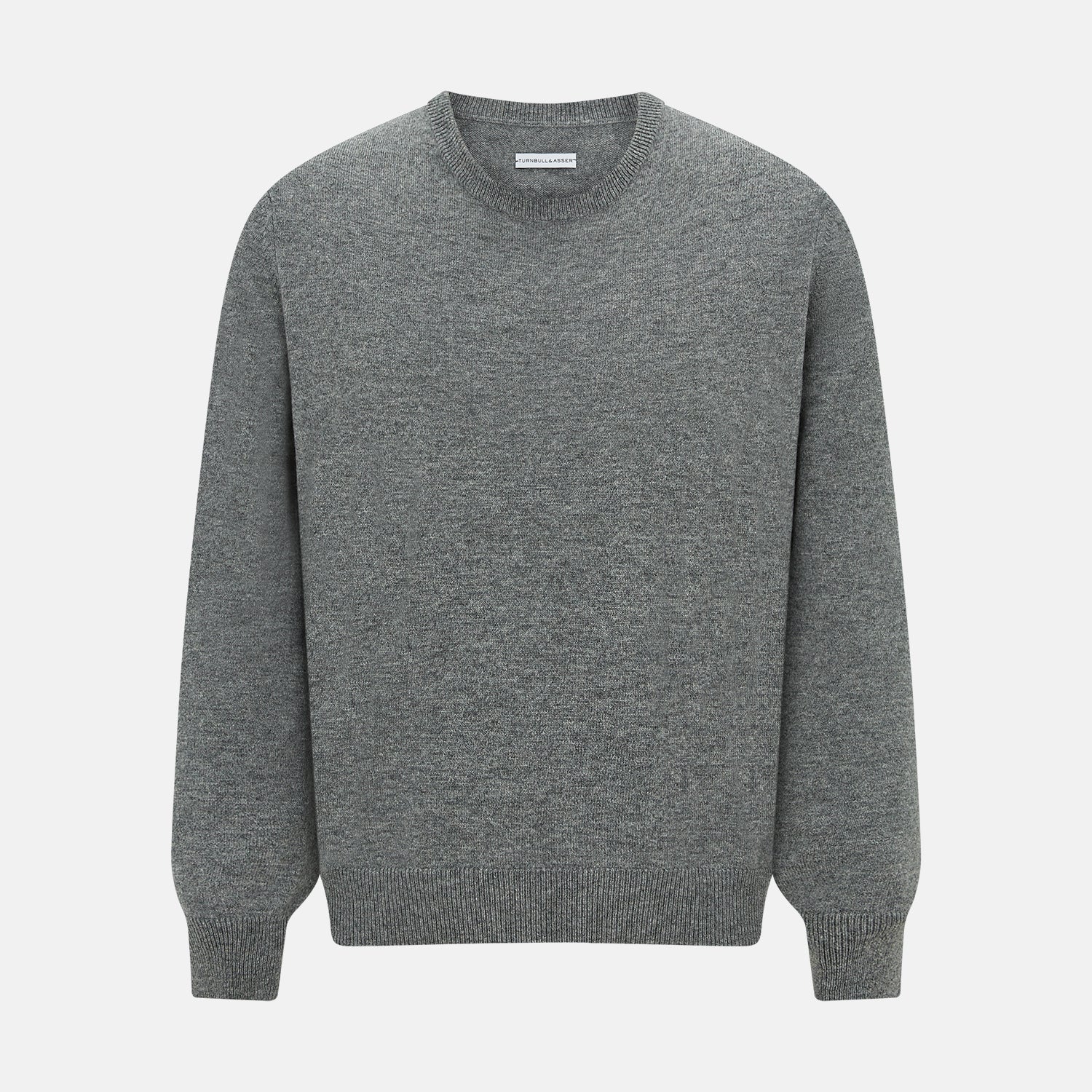 View 1 of product The Turnbull & Asser Grey Melange Cashmere Round Neck Jumper for men features a classic crewneck design with ribbed cuffs, hem, and neckline, displayed against a white background.