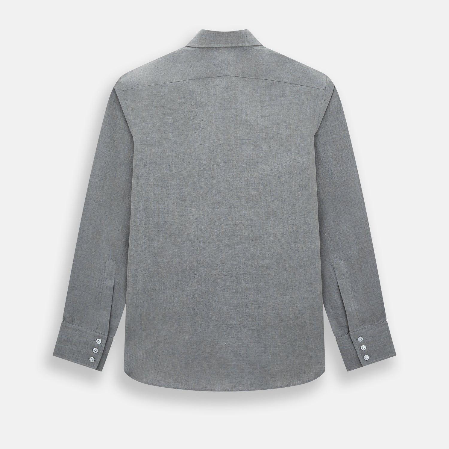 View 3 of product The Grey Linen Westminster Shirt by Turnbull & Asser is a long-sleeve, light gray button-up with a formal collar and white buttons, highlighting British craftsmanship and laid flat on a white background.