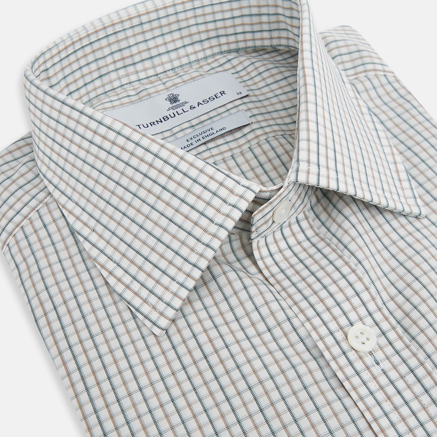 View 2 of product The Green and Brown Multi Check Mayfair Shirt by Turnbull & Asser, crafted from Italian cotton with a classic collar and buttoned cuffs, is laid flat on a white background.