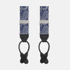 View 1 of product Two Jacquard Silk Paisley Braces by Turnbull & Asser, featuring a blue and white pattern, silver hardware, and black leather ends, are displayed side by side on a plain white background.