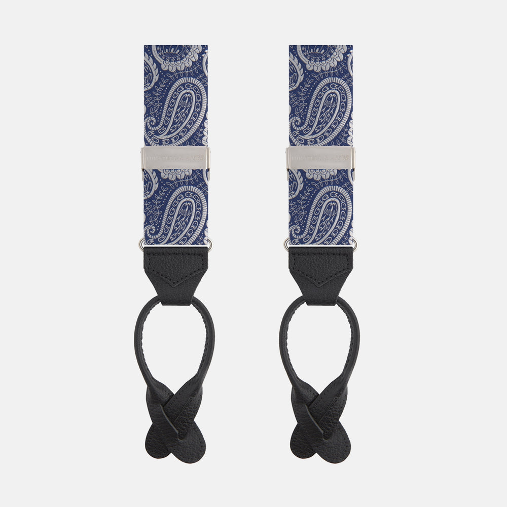 Two Jacquard Silk Paisley Braces by Turnbull & Asser, featuring a blue and white pattern, silver hardware, and black leather ends, are displayed side by side on a plain white background.