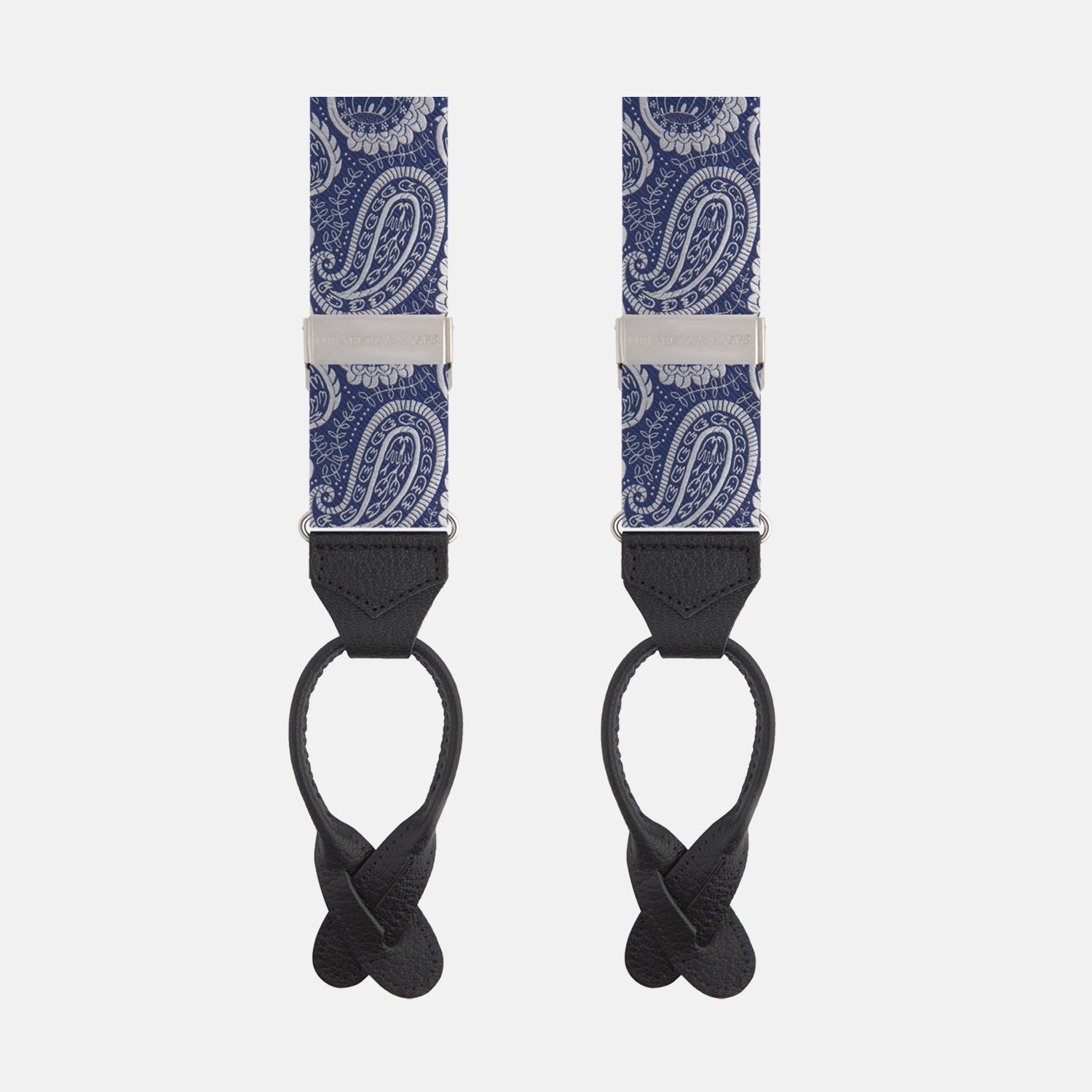 View 1 of product Two Jacquard Silk Paisley Braces by Turnbull & Asser, featuring a blue and white pattern, silver hardware, and black leather ends, are displayed side by side on a plain white background.