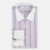 View 5 of product The Turnbull & Asser Lilac Track Stripe Shirt with Contrast T&A Collar and Cuffs features vertical black stripes, a white pointed collar, and white cuffs, shown flat against a white background.