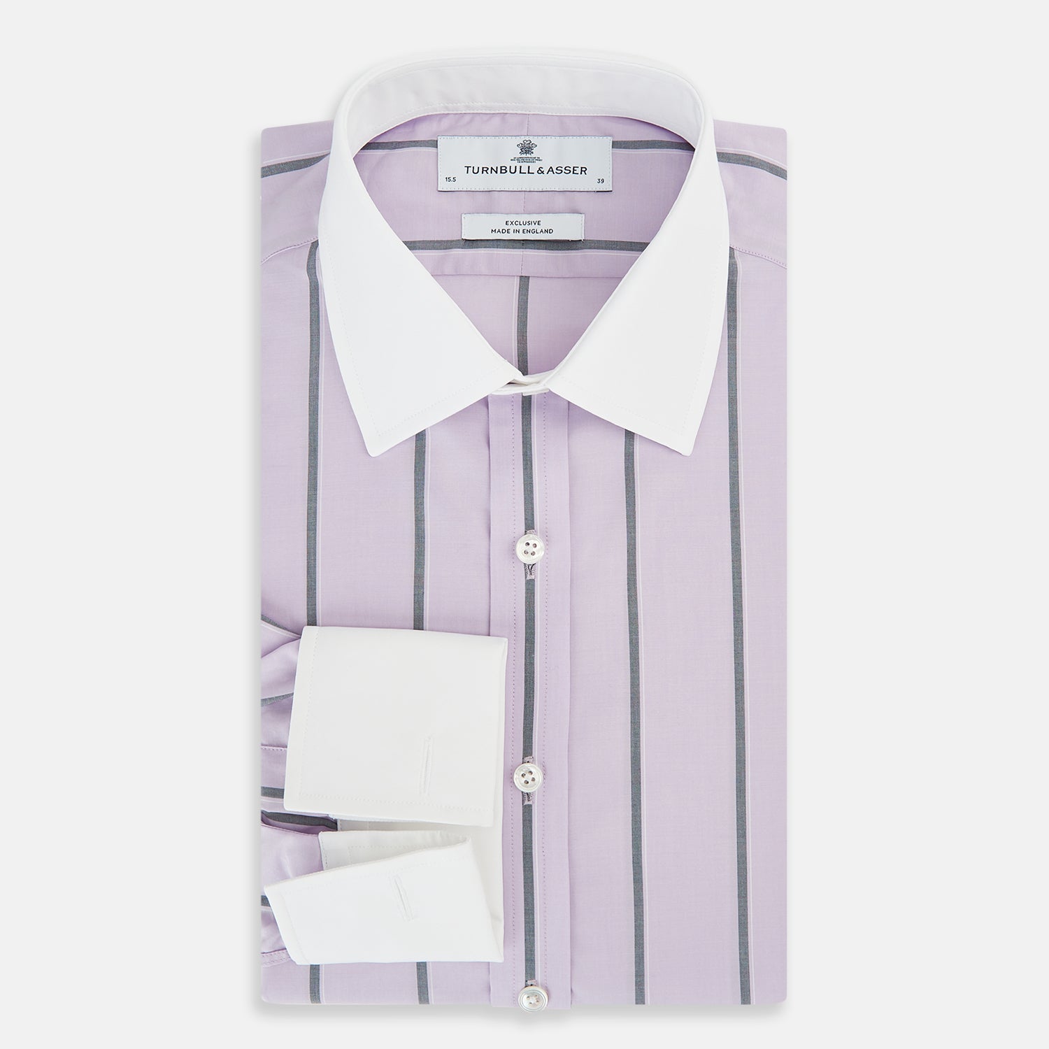 View 5 of product The Turnbull & Asser Lilac Track Stripe Shirt with Contrast T&A Collar and Cuffs features vertical black stripes, a white pointed collar, and white cuffs, shown flat against a white background.