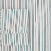 View 4 of product The Forest Green Multi Stripe Mayfair Shirt by Turnbull & Asser features forest green and white vertical stripes, a collar and cuffs, and is crafted from Italian cotton, shown laid flat on a white background.
