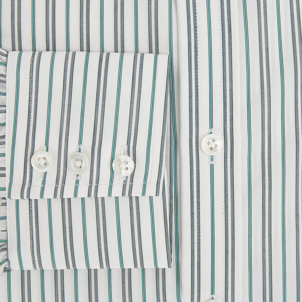 The Forest Green Multi Stripe Mayfair Shirt by Turnbull & Asser features forest green and white vertical stripes, a collar and cuffs, and is crafted from Italian cotton, shown laid flat on a white background.