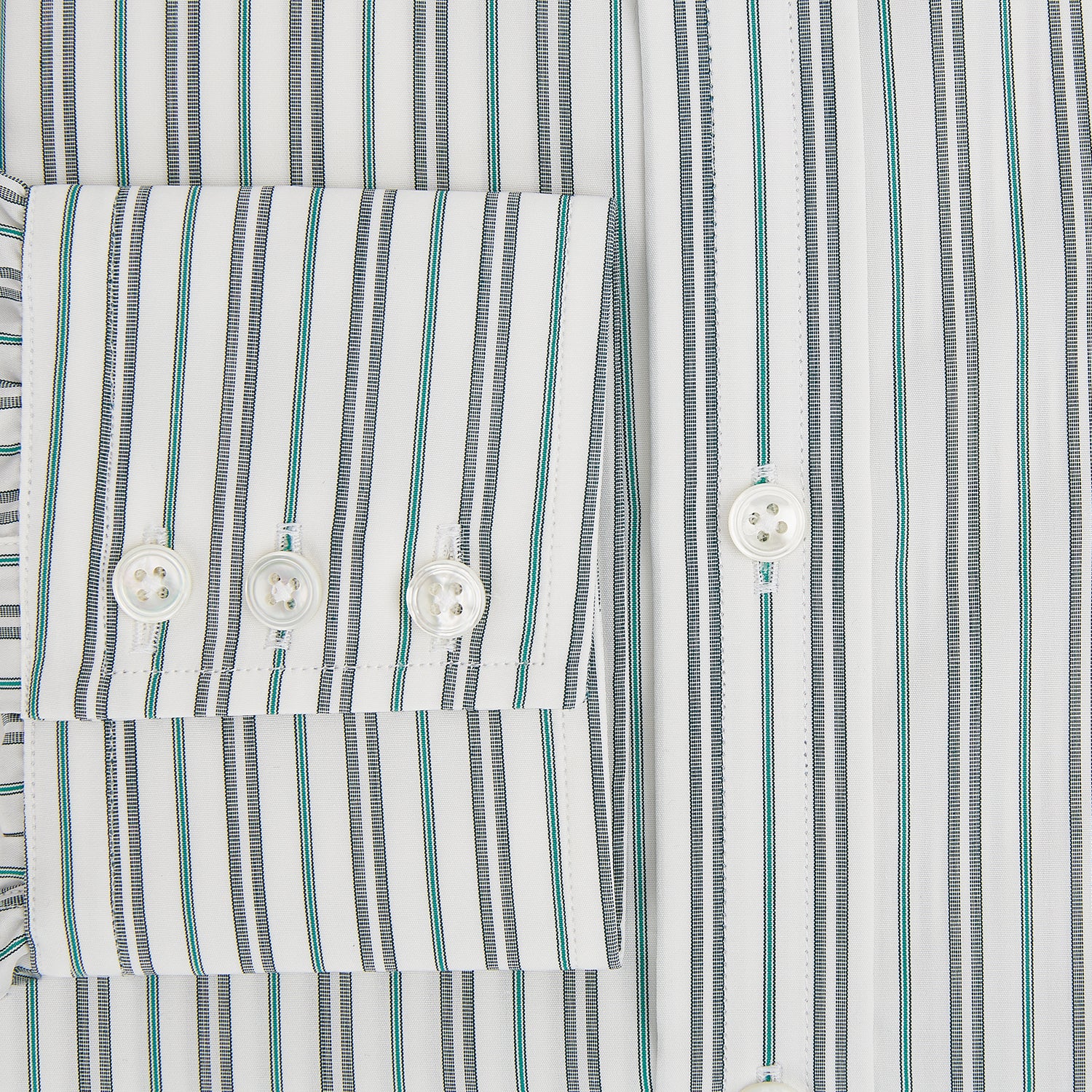 View 4 of product The Forest Green Multi Stripe Mayfair Shirt by Turnbull & Asser features forest green and white vertical stripes, a collar and cuffs, and is crafted from Italian cotton, shown laid flat on a white background.
