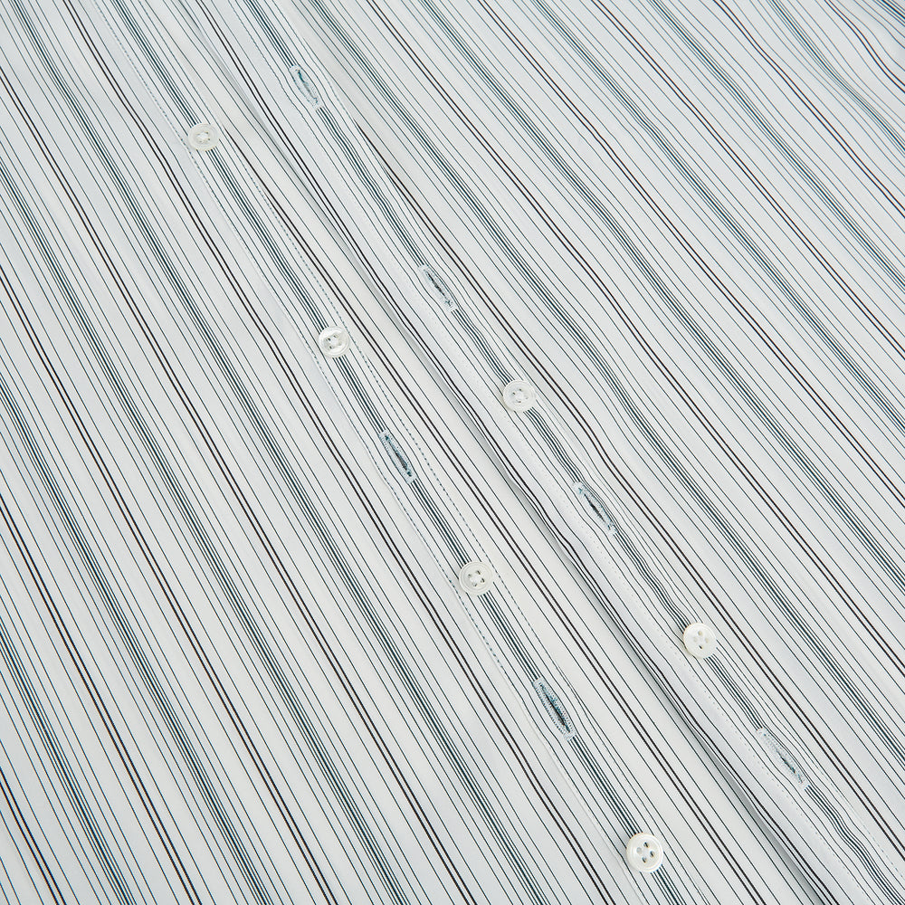 A Forest Green Multi Stripe Westminster Shirt by Turnbull & Asser, featuring thin green stripes on white and expert British craftsmanship, is neatly laid flat with visible cuffs.