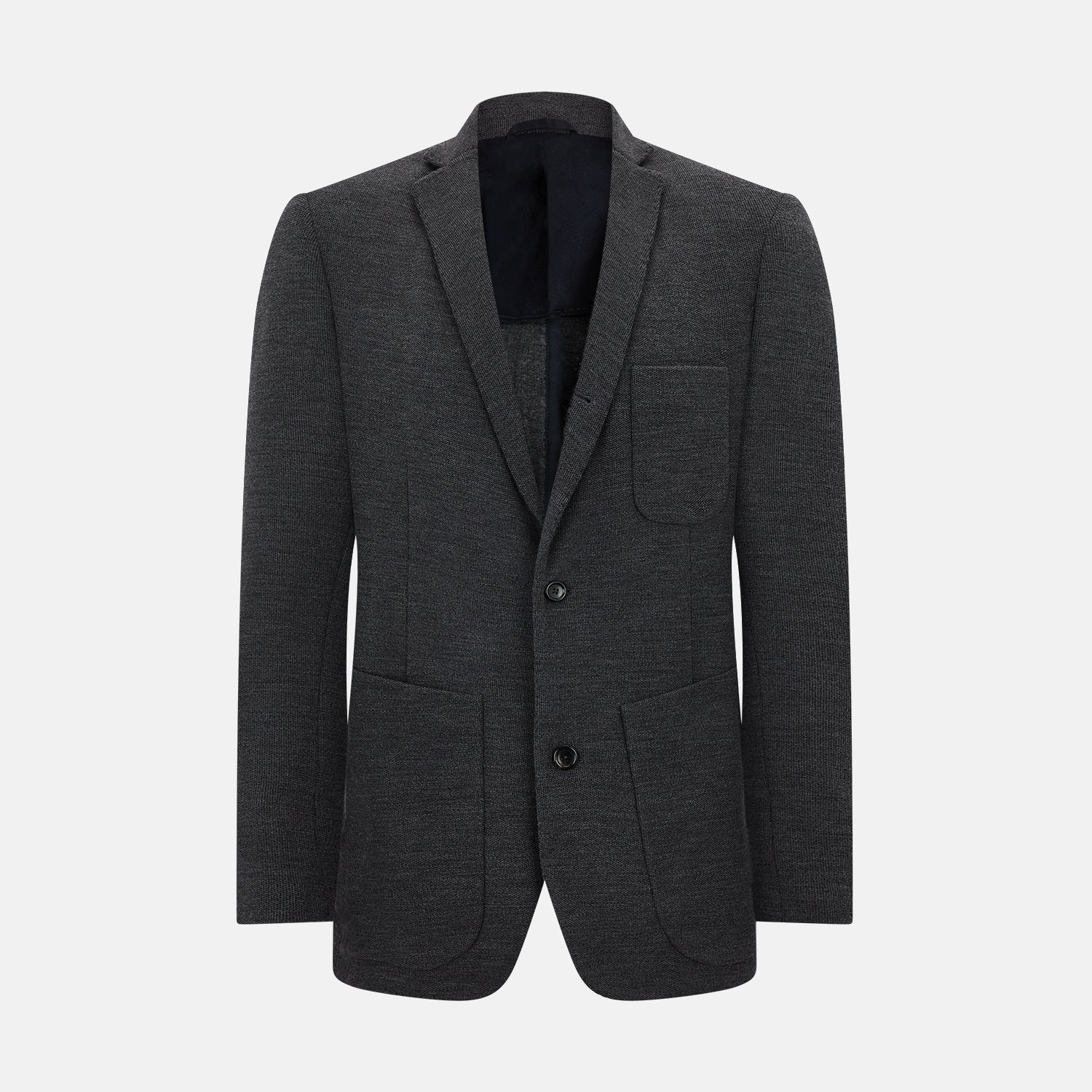 View 1 of product The Turnbull & Asser Graphite Knitted Oxford Blazer for men features a dark gray hue, two buttons, notched lapels, and three front pockets—a modern British-inspired piece styled elegantly against a light background.