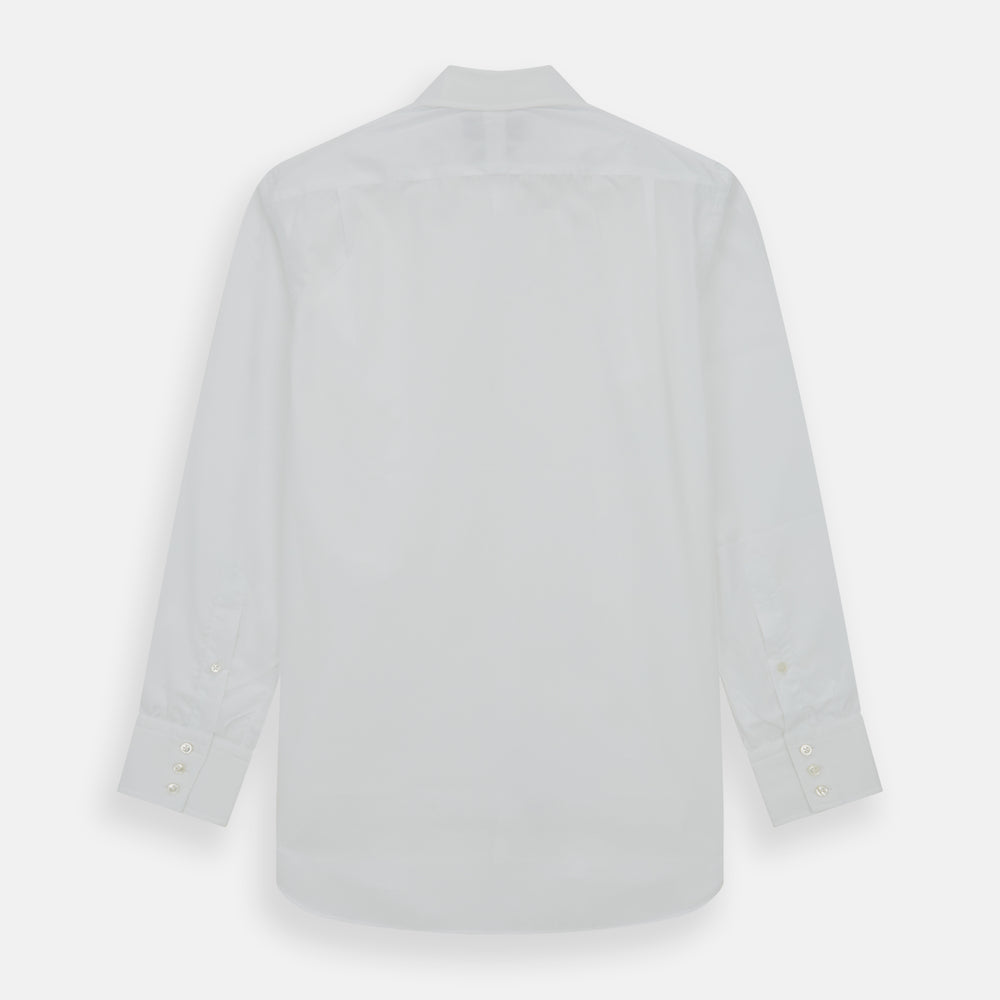 The Turnbull & Asser White Sea Island Quality Cotton Shirt features a T&A collar and 3-button cuffs, crafted from premium cotton and showcased against a plain white background.