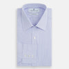 View 4 of product Turnbull & Asser Blue and White Fine Bengal Stripe Sea Island Quality Cotton Shirt, featuring a T&A collar, long sleeves, white buttons, and 3-button cuffs. Shown flat on a white background for a classic formal look.