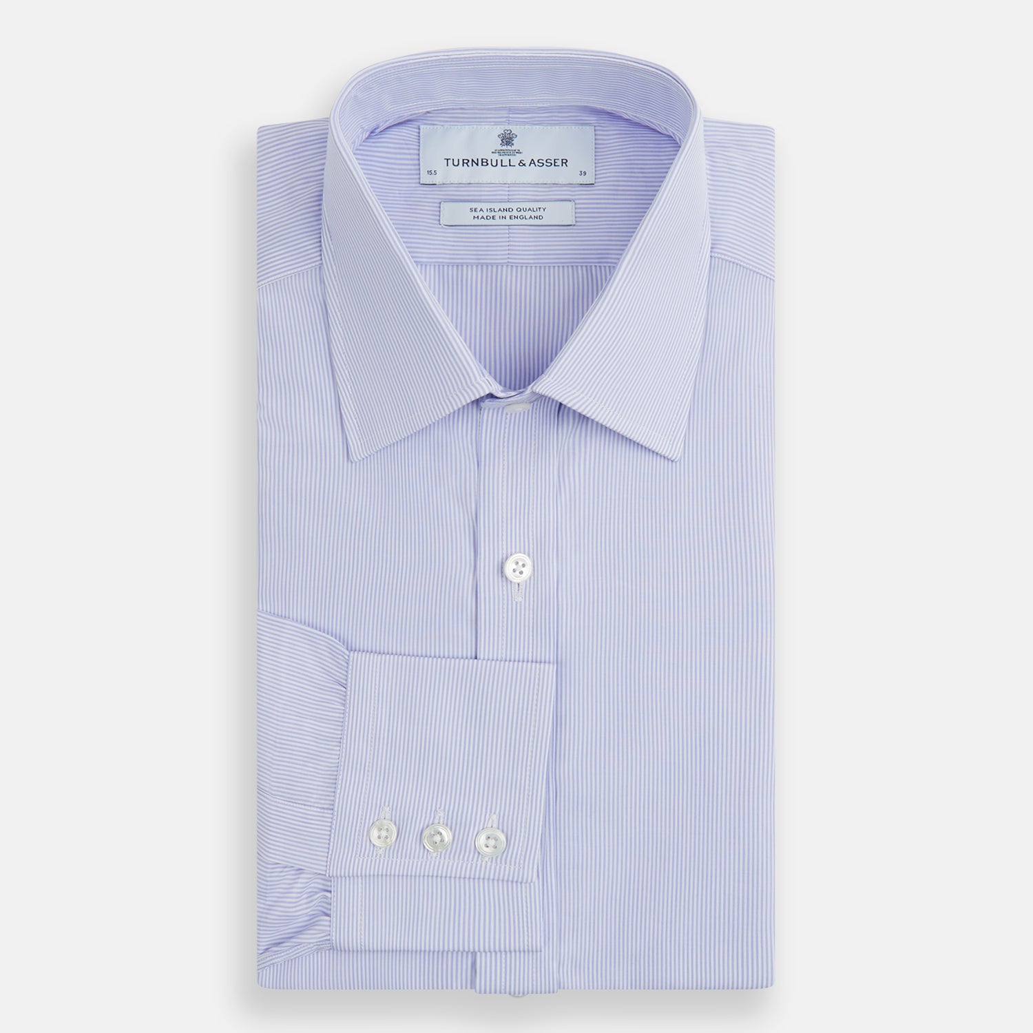 View 4 of product Turnbull & Asser Blue and White Fine Bengal Stripe Sea Island Quality Cotton Shirt, featuring a T&A collar, long sleeves, white buttons, and 3-button cuffs. Shown flat on a white background for a classic formal look.