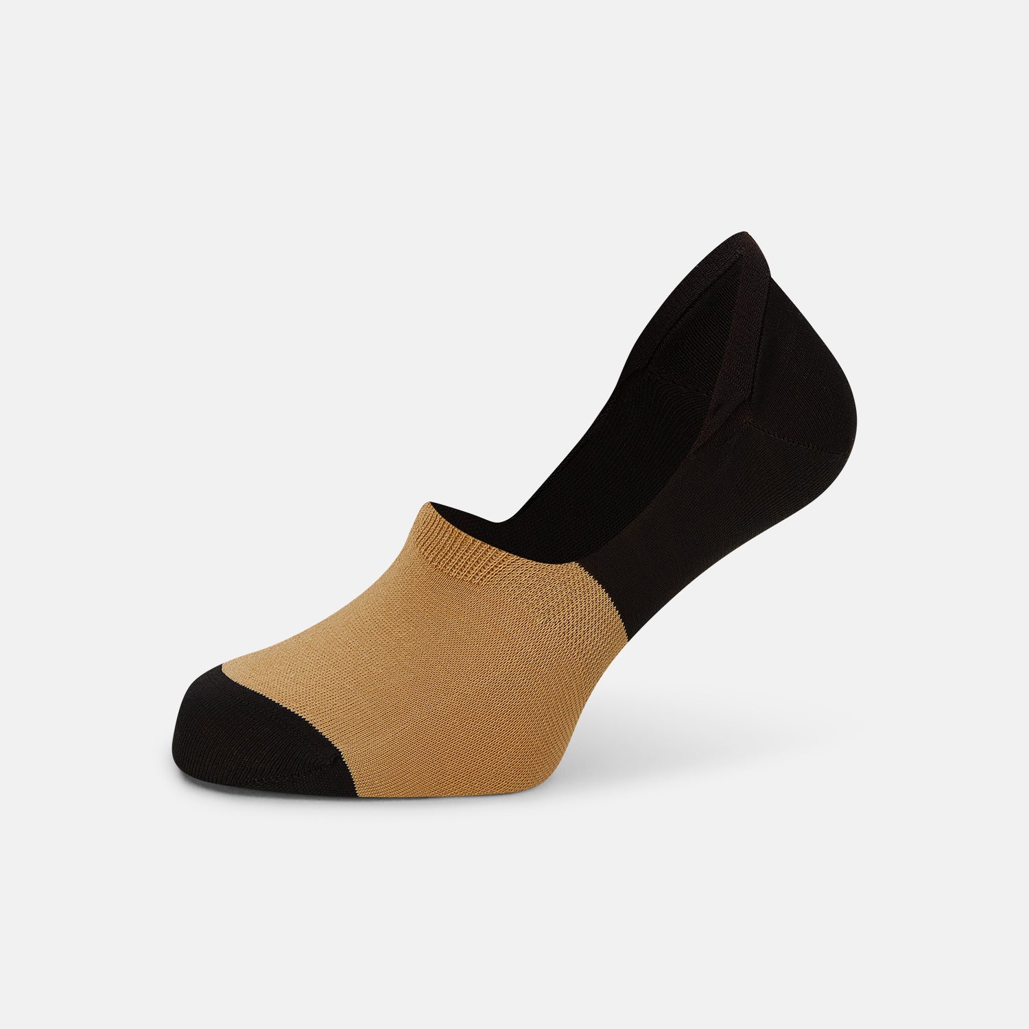 View 1 of product Turnbull & Asser's Dark Chocolate No-Show Socks are low-cut, crafted from soft cotton with a tan front and toe, and a dark chocolate heel, sole, and back—an elevated twist on classic no-show socks, shown against a plain white background.