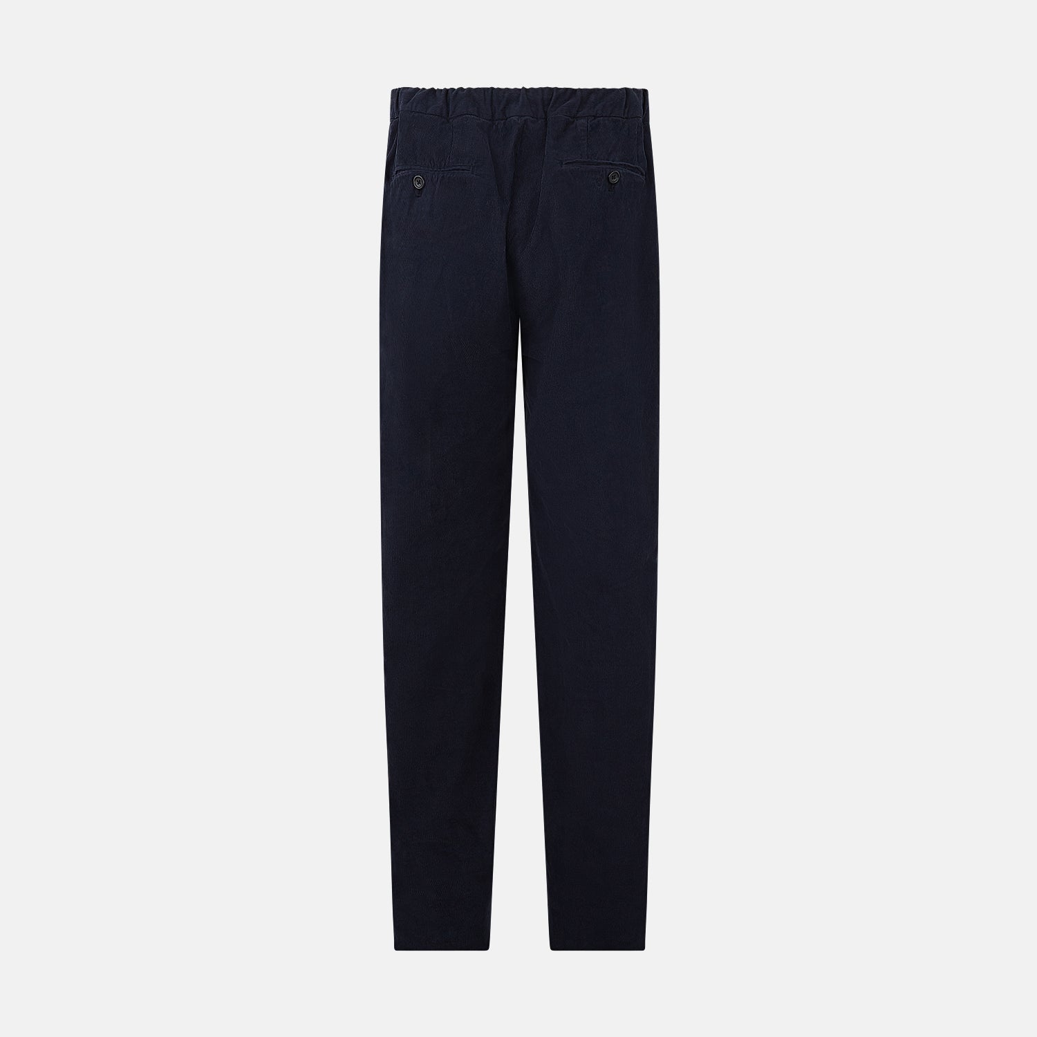View 3 of product Turnbull & Asser's Light Navy Corduroy Miles Trousers feature a straight-leg stretch fit, elasticated waist, and matching fabric drawstring, shown on a plain white background.