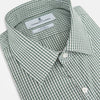 View 2 of product The MELON GREEN MICRO SHADOW CHECK WESTMINSTER SHIRT by Turnbull & Asser is a long-sleeved, button-up shirt with a green and white checkered pattern, pointed collar, and buttoned cuffs, shown on a white background.