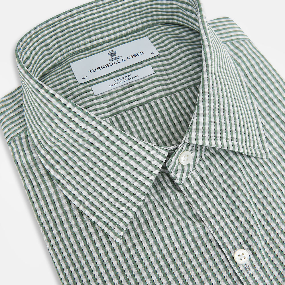 The MELON GREEN MICRO SHADOW CHECK WESTMINSTER SHIRT by Turnbull & Asser is a long-sleeved, button-up shirt with a green and white checkered pattern, pointed collar, and buttoned cuffs, shown on a white background.
