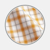 View 1 of product Close-up of Turnbull & Asser’s Orange Multi Check Cotton Fabric, featuring a yellow and white plaid with black and gray lines. Shown within a circular frame on light gray, the material looks soft with slight wrinkles.