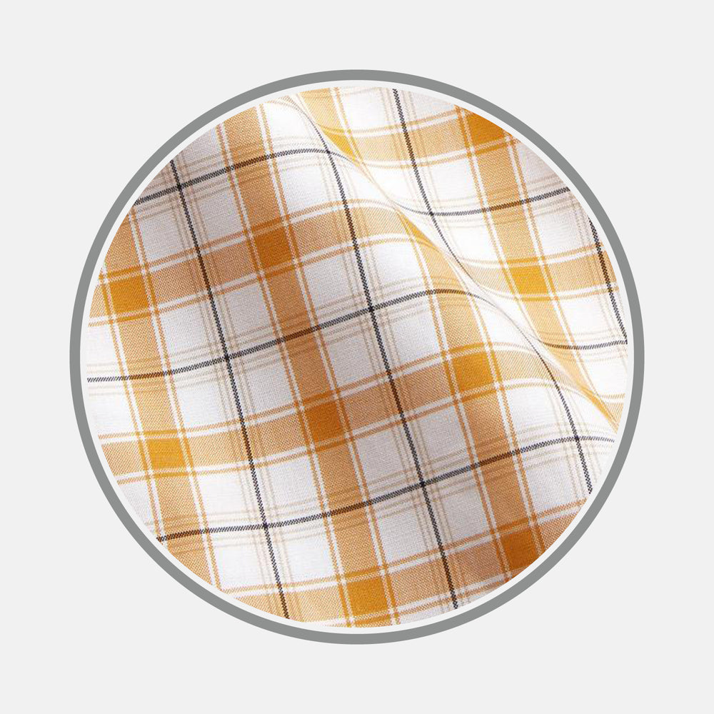 Close-up of Turnbull & Asser’s Orange Multi Check Cotton Fabric, featuring a yellow and white plaid with black and gray lines. Shown within a circular frame on light gray, the material looks soft with slight wrinkles.