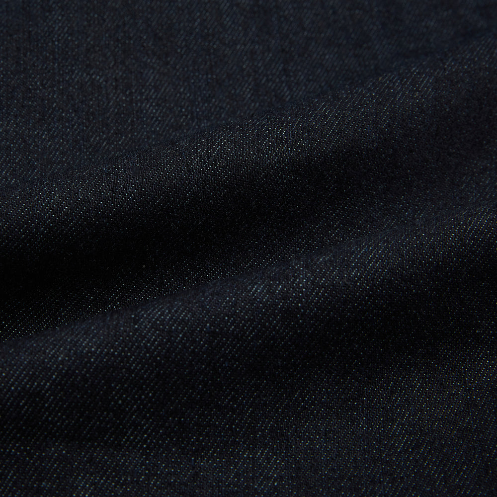 Turnbull & Asser Navy Denim Trousers feature a classic straight-leg cut, button and zipper closure, five-pocket workwear styling, and both front and back pockets, shown against a plain light background.