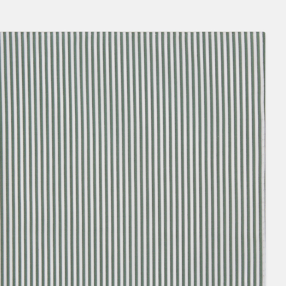 The Turnbull & Asser Melon Green Halo Stripe Hand-Rolled Handkerchief is a rectangular white cloth with evenly spaced vertical melon green stripes and hand-rolled edges, shown flat on a white background.