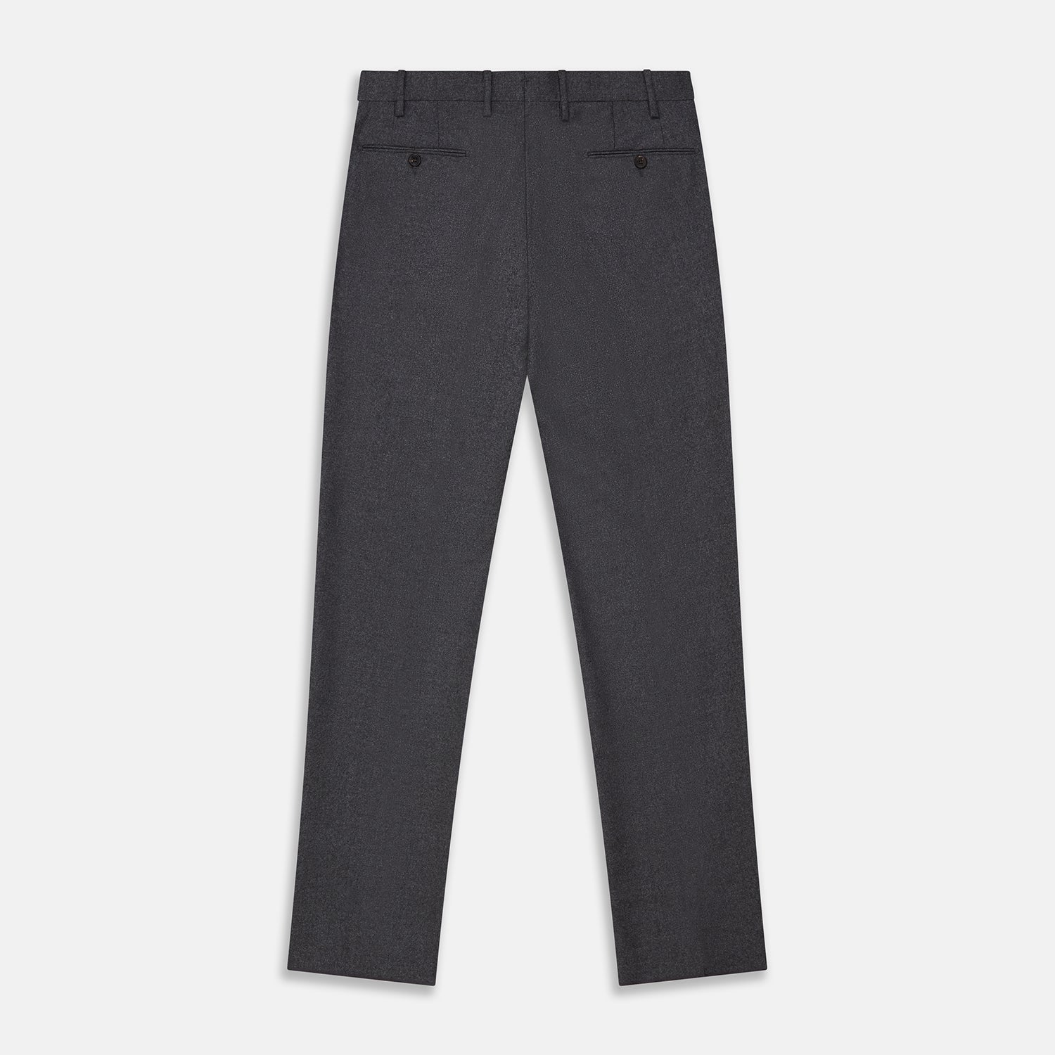 View 3 of product Turnbull & Asser Charcoal Wool Single Pleated Gerry Trousers shown on a white background, featuring a button and zipper closure, belt loops, and straight legs.
