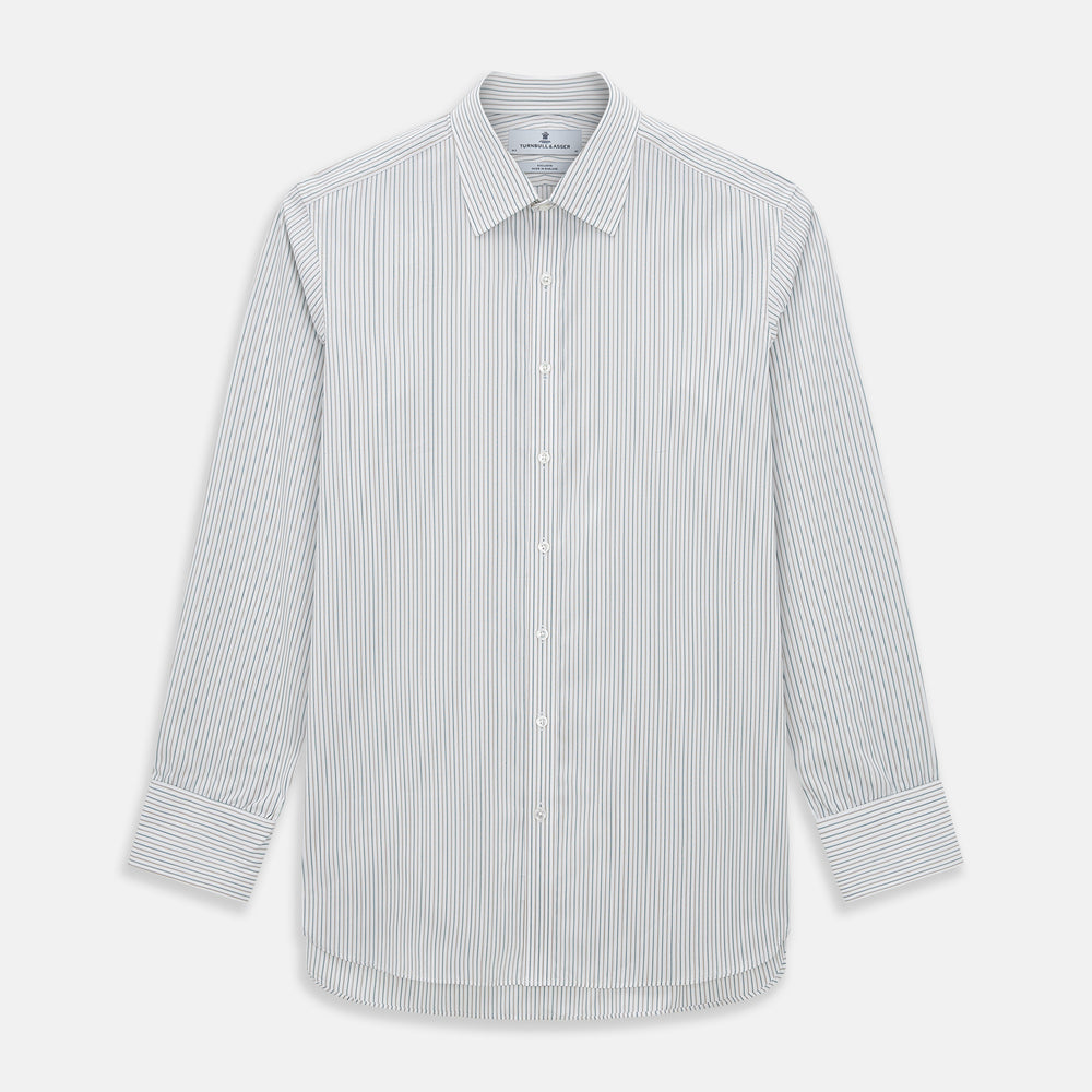 The Teal Double Stripe Mayfair Shirt by Turnbull & Asser is a long-sleeved, button-up shirt with thin teal stripes, a pointed collar, and buttoned cuffs—an essential piece for any gentleman’s wardrobe, shown laid flat on a white background.
