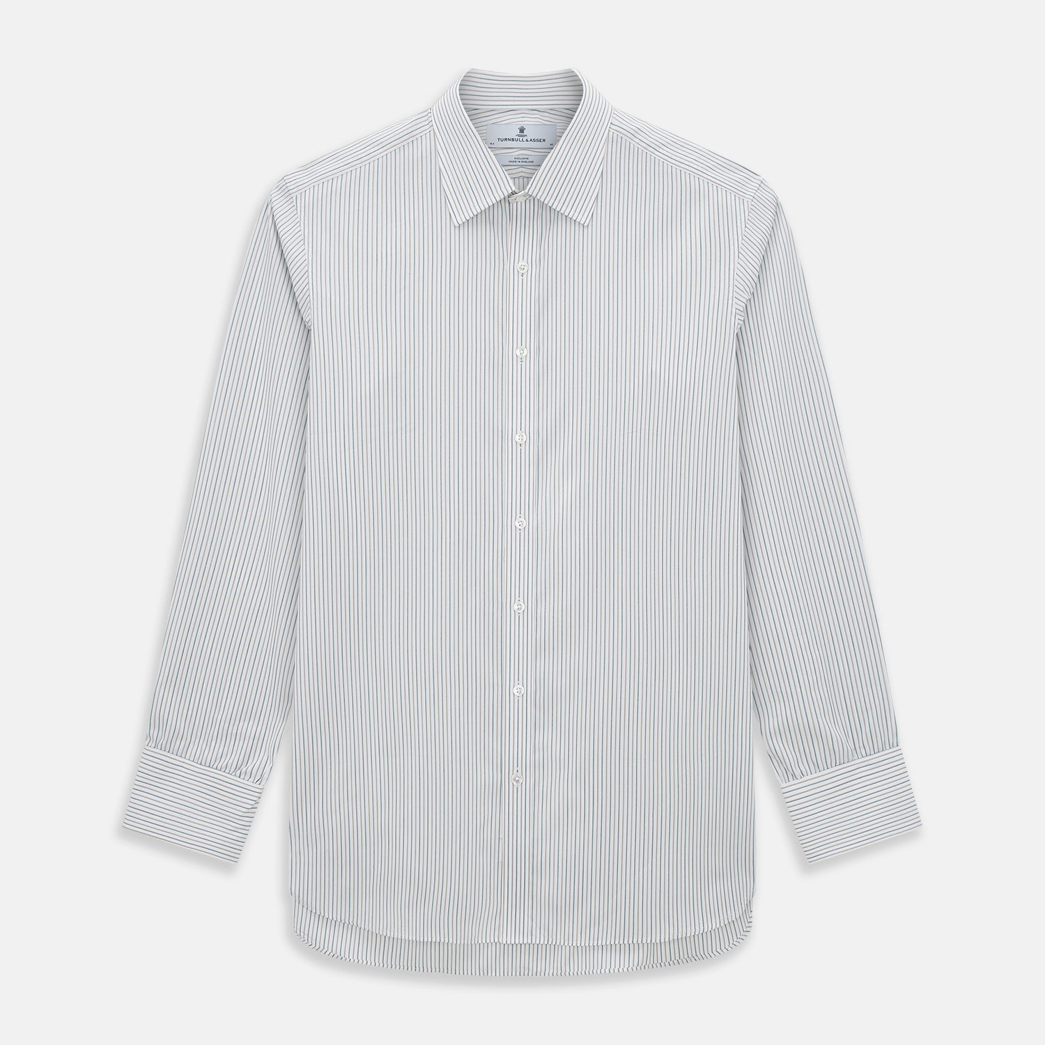 View 1 of product The Teal Double Stripe Mayfair Shirt by Turnbull & Asser is a long-sleeved, button-up shirt with thin teal stripes, a pointed collar, and buttoned cuffs—an essential piece for any gentleman’s wardrobe, shown laid flat on a white background.