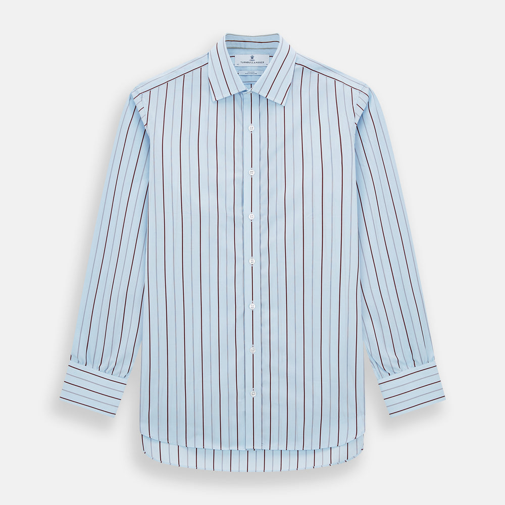The Turnbull & Asser Burgundy Wide Pinstripe Mayfair Shirt features a collared, long-sleeve design with bold vertical stripes, crafted in the refined Mayfair fit and displayed on a plain white background.