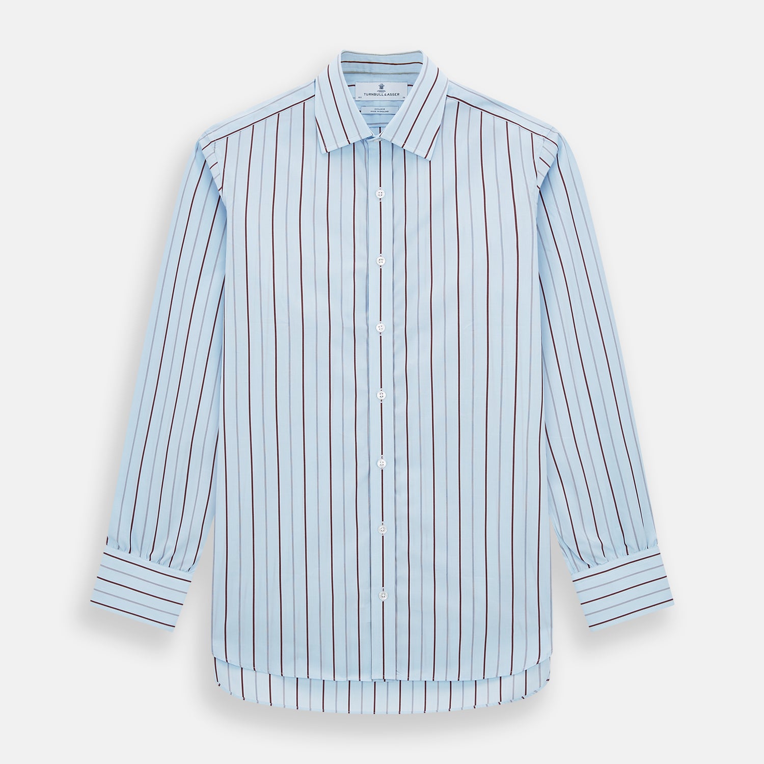 View 1 of product The Turnbull & Asser Burgundy Wide Pinstripe Mayfair Shirt features a collared, long-sleeve design with bold vertical stripes, crafted in the refined Mayfair fit and displayed on a plain white background.