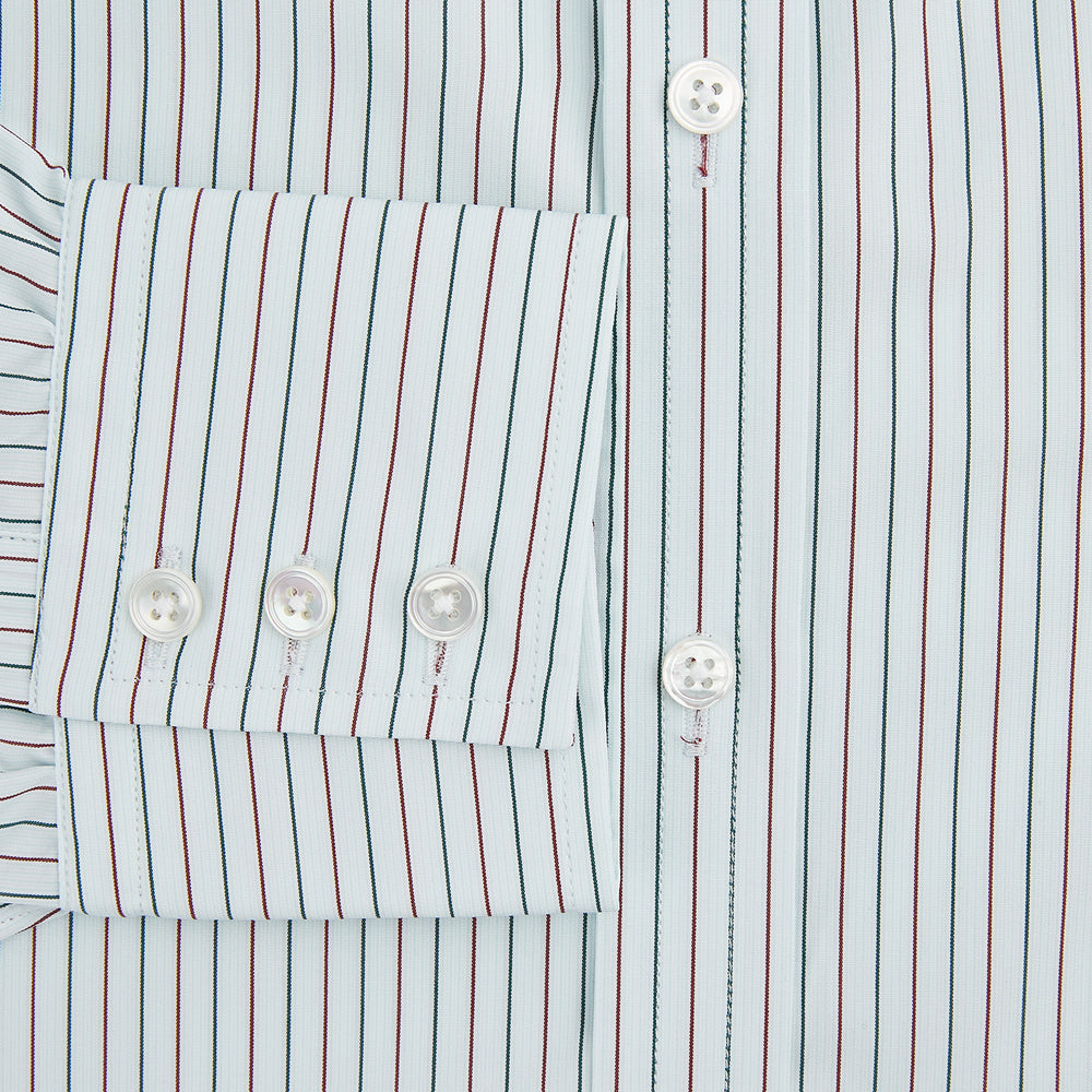 The Turnbull & Asser Green and Burgundy Pinstripe Mayfair Shirt, a long-sleeved, button-down with a classic collar, is ideal for formal wear and shown flat on a white background.