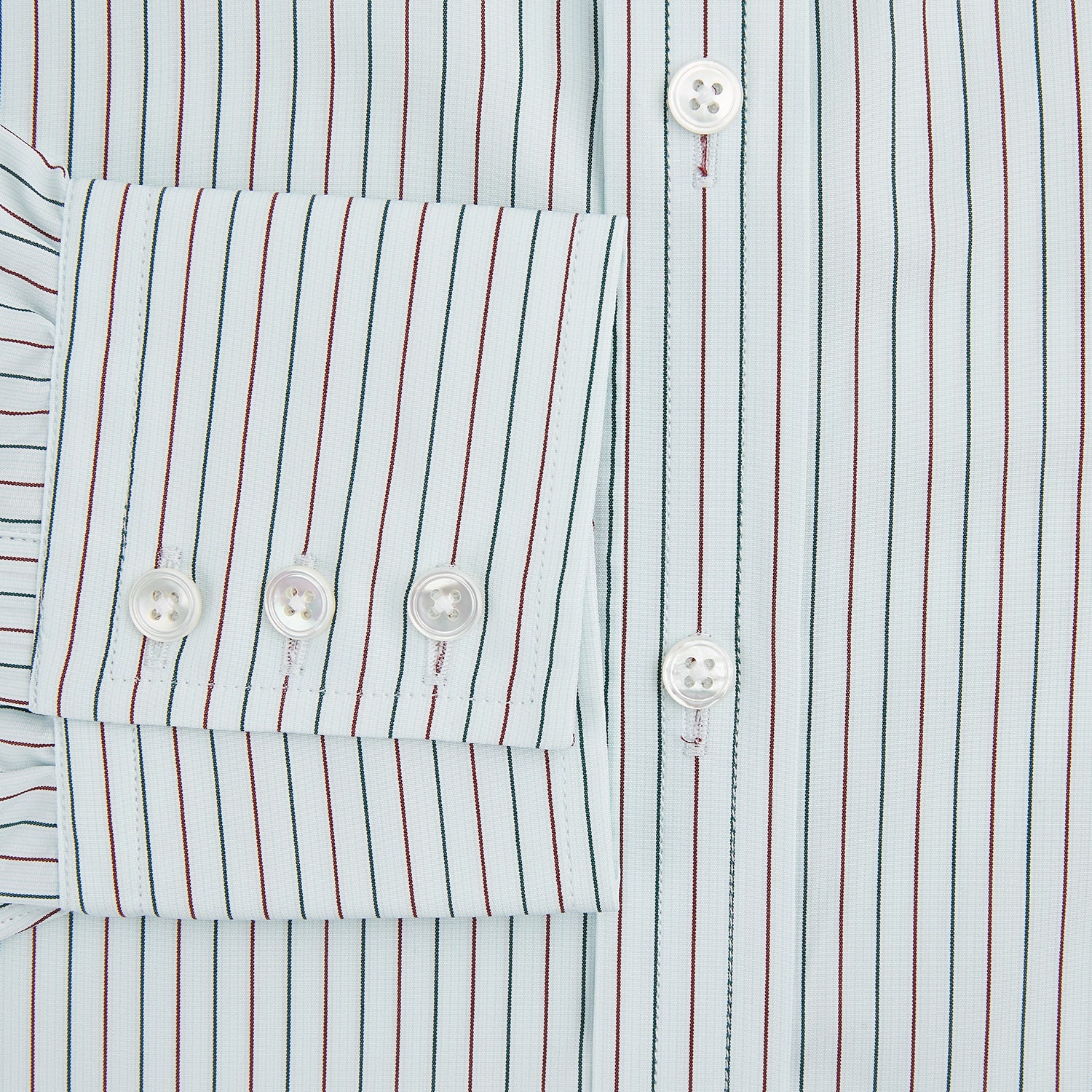 View 4 of product The Turnbull & Asser Green and Burgundy Pinstripe Mayfair Shirt, a long-sleeved, button-down with a classic collar, is ideal for formal wear and shown flat on a white background.