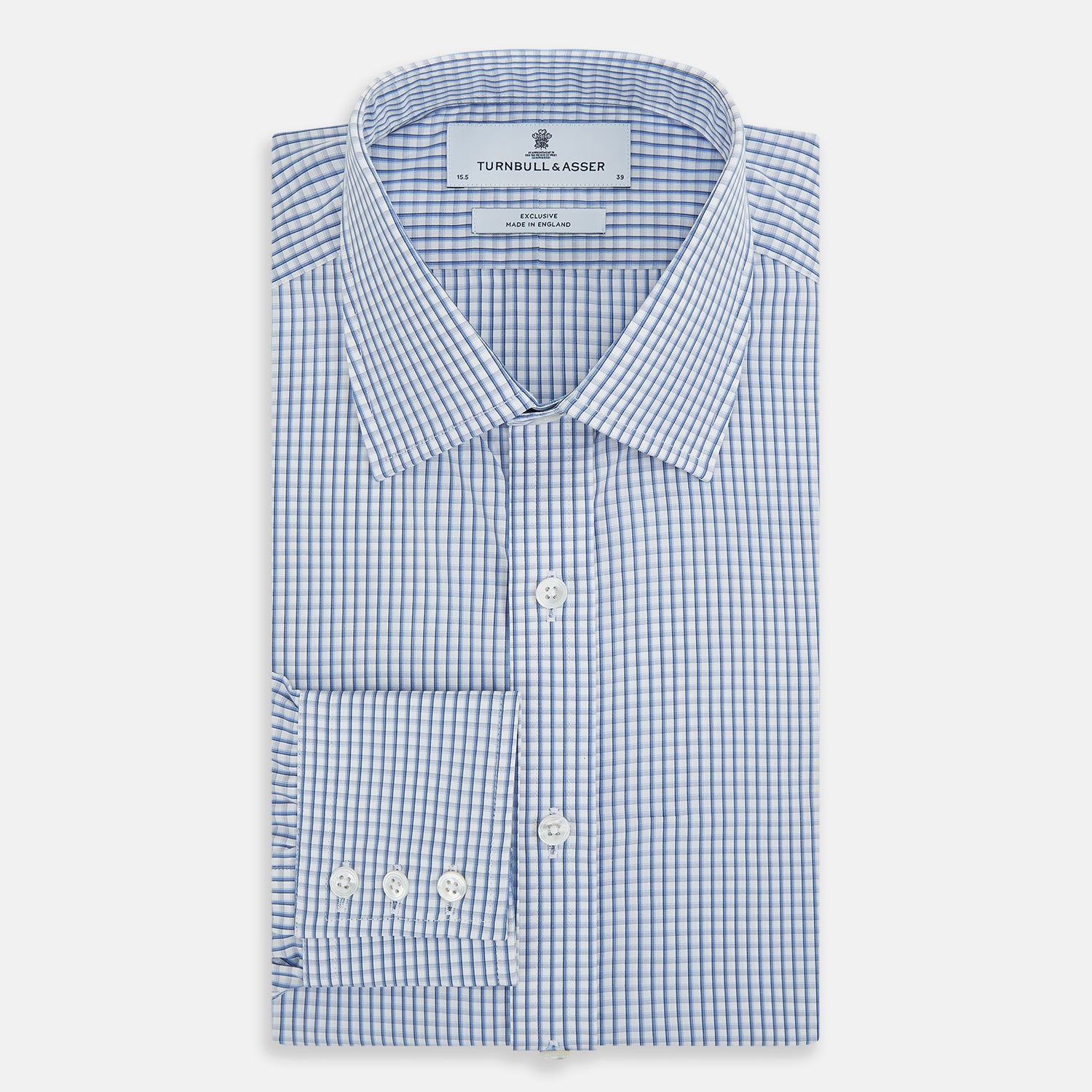 View 5 of product The Sky Blue Micro Shadow Check Mayfair Shirt by Turnbull & Asser features long sleeves, a classic collar, buttoned cuffs, and a light blue and white micro check pattern—showcasing refined British craftsmanship.
