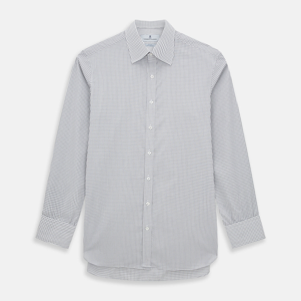 The Midnight Blue Multi Check Mayfair Shirt by Turnbull & Asser is a pure cotton, long-sleeve button-down featuring a small blue multi-check pattern, pointed collar, and buttoned cuffs.