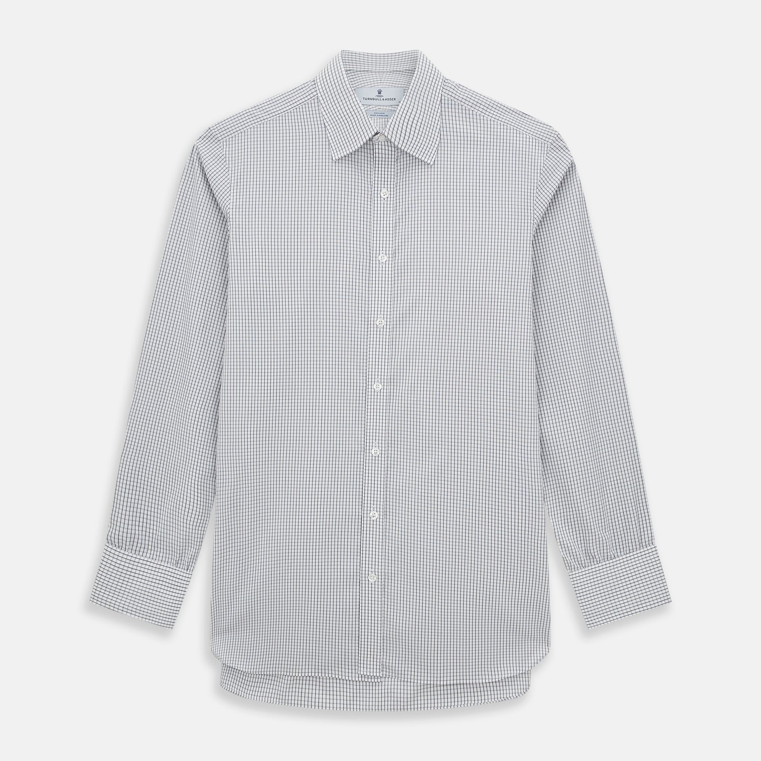 View 1 of product The Midnight Blue Multi Check Mayfair Shirt by Turnbull & Asser is a pure cotton, long-sleeve button-down featuring a small blue multi-check pattern, pointed collar, and buttoned cuffs.