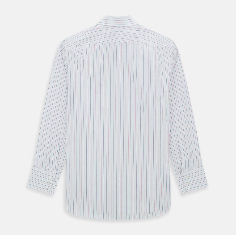 The Turnbull & Asser Pink and Blue Wide Pinstripe Mayfair Shirt features long sleeves, T&A collar, button-down front, and buttoned cuffs. It has bold pink and blue pinstripes on white and is laid flat on a white surface.