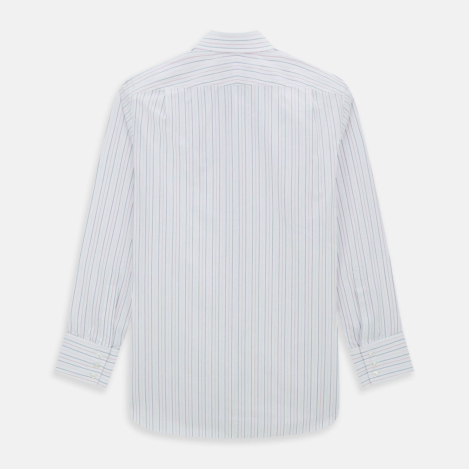 View 3 of product The Turnbull & Asser Pink and Blue Wide Pinstripe Mayfair Shirt features long sleeves, T&A collar, button-down front, and buttoned cuffs. It has bold pink and blue pinstripes on white and is laid flat on a white surface.