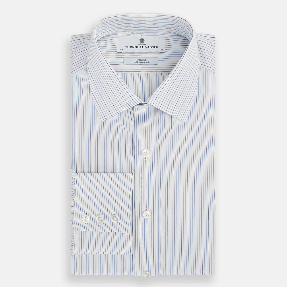 The Navy and Blue Pinstripe Mayfair Shirt by Turnbull & Asser, featuring a classic collar and crafted from premium Italian cotton, is shown against a white background.