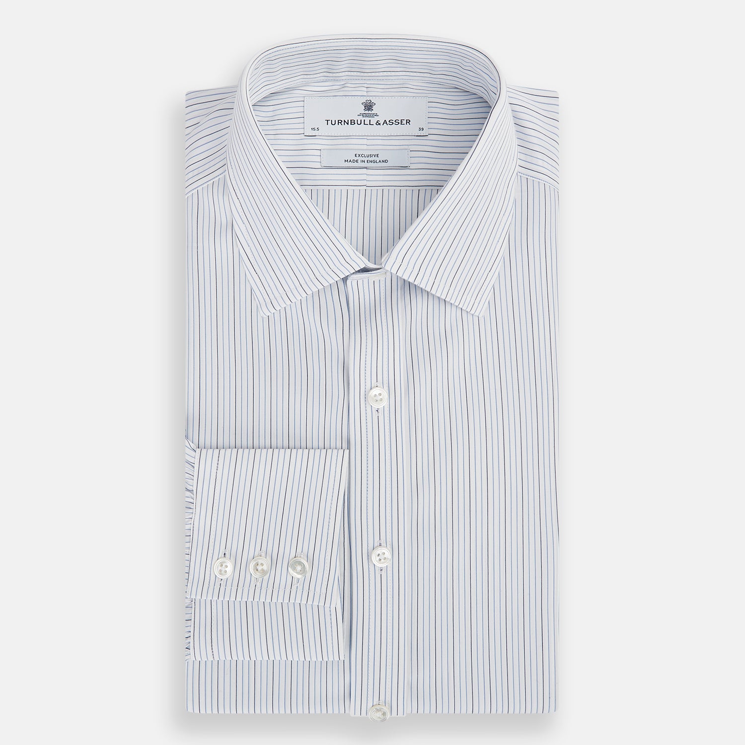 View 5 of product The Navy and Blue Pinstripe Mayfair Shirt by Turnbull & Asser, featuring a classic collar and crafted from premium Italian cotton, is shown against a white background.